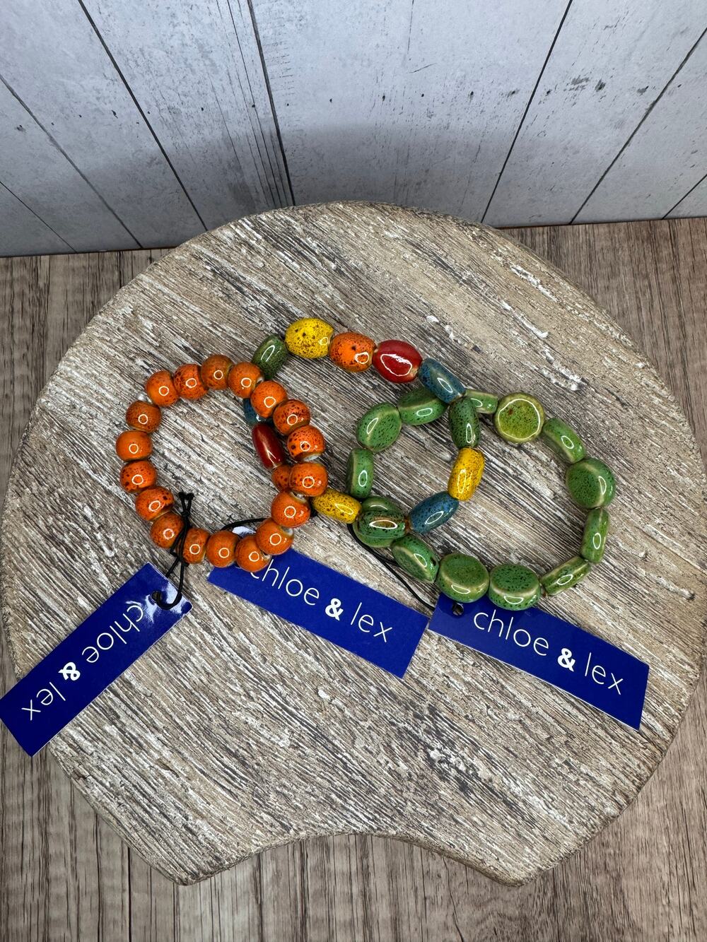 Clay Bead Bracelets Set of 3 Colorful Bracelets Stretch Boho Green Orange Red
